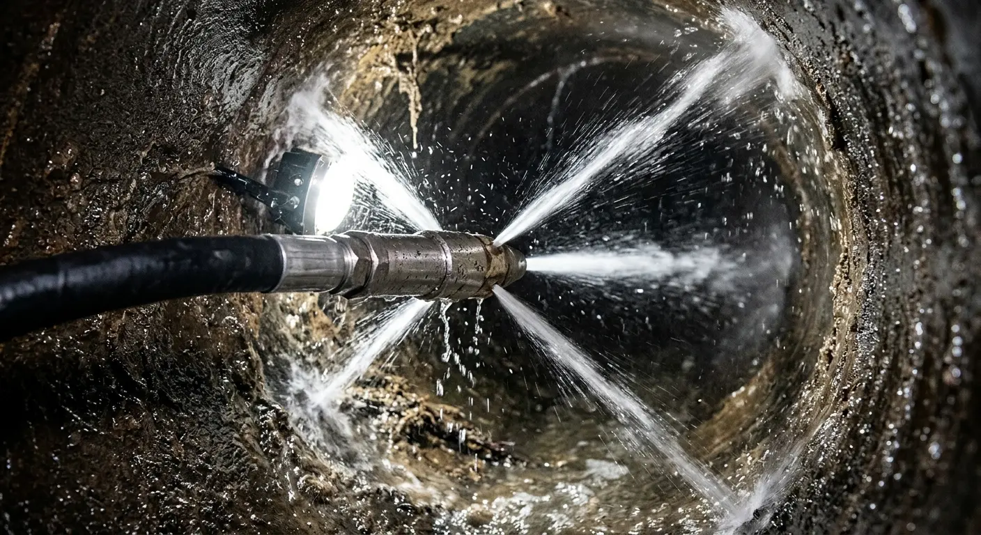 High-pressure hydro jetting nozzle cleaning sewer pipe for Sewer Cleanout in Corona