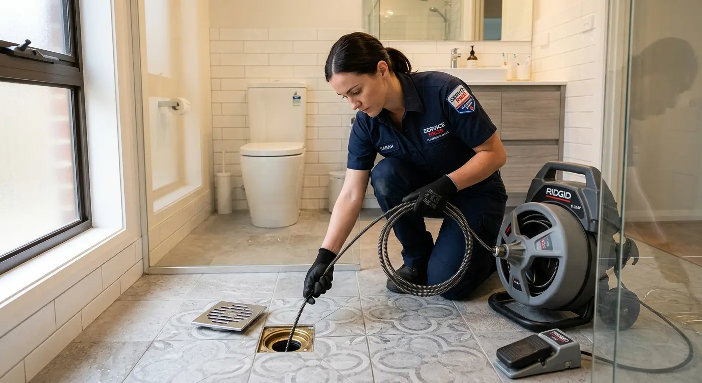 Technician clearing a bathroom floor drain for Hydro Jetting in Corona